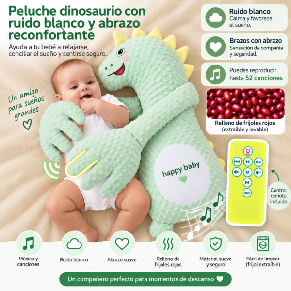Peluche Calmante para Dormir Bebé con Palmadas Automáticas y música– Ayuda Antisobresalto Ajustable, dinosaurio