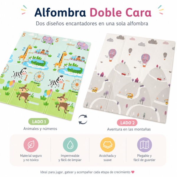 Alfombra de Juego reversible y plegable– Diseño safari y globo (150x200cm)