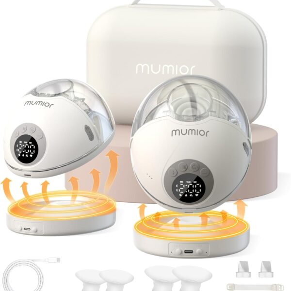 Mumior- Extractor de Leche Materna Manos Libres con Base Térmica MY381 – Portátil, 4 Modos y 12 Niveles, Pantalla LED y Voz, 2 copas Gris