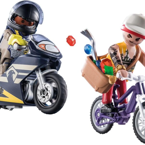 Playmobil Starter Pack Special Forces and Thief 71255 – Policía vs Ladrón con Moto y Bicicleta (27 Piezas)