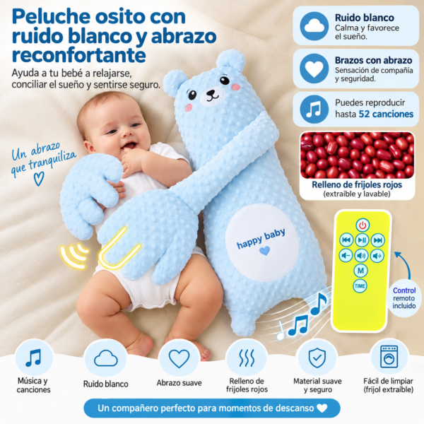 Peluche Calmante para Dormir Bebé con Palmadas Automáticas y música– Ayuda Antisobresalto Ajustable, celeste