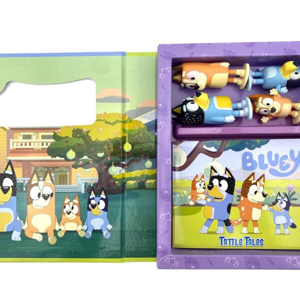 Libro interactivo de Bluey con 12 páginas y 4 figuras incluidas. Lee la historia y crea tus propias aventuras. ¡Diversión portátil para niños!