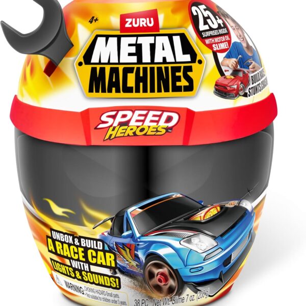 Metal Machines Speed Heroes Black Zuru Set con 20+ Sorpresas – Construye tu Auto con Luces, Sonidos y Slime