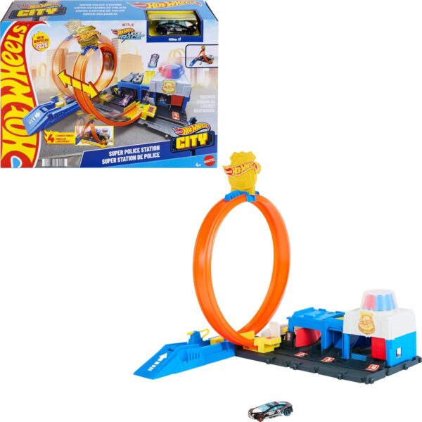 Hot Wheels Super Police Station Track Set con Auto 1:64 – Pista con Loop Ajustable, 4 Formas de Carrera y Juego de Acción