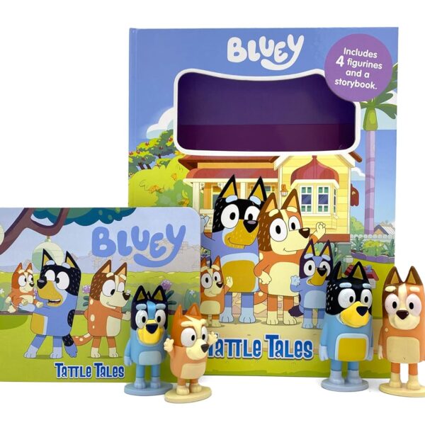 Libro interactivo de Bluey con 12 páginas y 4 figuras incluidas. Lee la historia y crea tus propias aventuras. ¡Diversión portátil para niños!