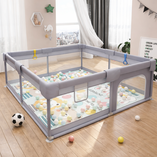 Corral o corralito de Juegos para Bebés con Malla de Seguridad, Puerta con Cremallera, incluye alfombra, pelotas, agarraderas, y bolsa de trasnporte, 150x180, gris