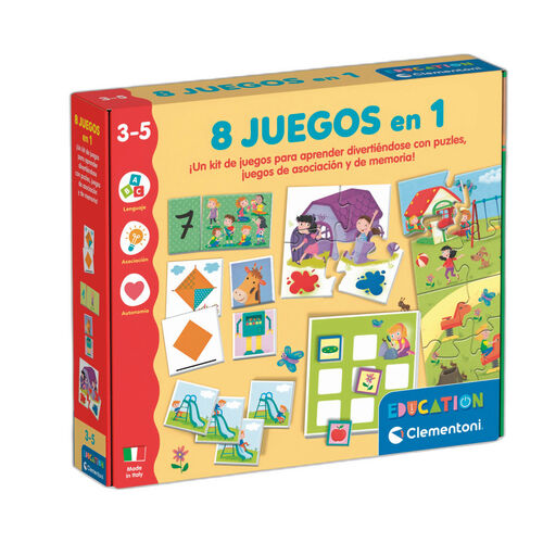 Clementoni 8 Juegos en 1 Set Educativo Infantil 3-5 Años – Puzzle, Memoria y Asociación