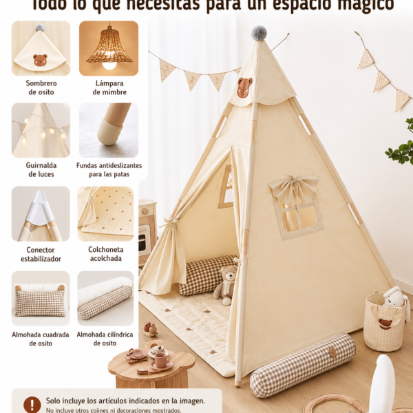 Tienda Tipi Infantil con Colchoneta y Accesorios completos– 140 cm | Espacio de Juego para Niños