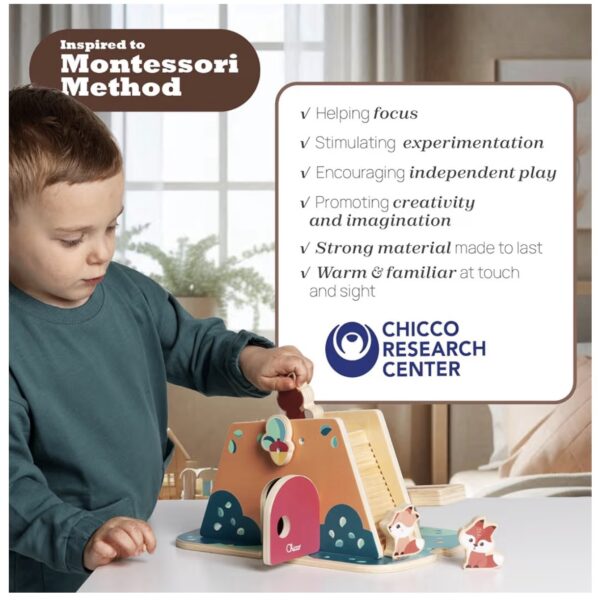 Chicco, Juego de Madera, La Guarida del Zorro, Juego Montessori, 3 Personajes Exclusivos, Actividades de Equilibrio, Descubre el Universo My Wood Friends, Juguete para Niños, 2+ años