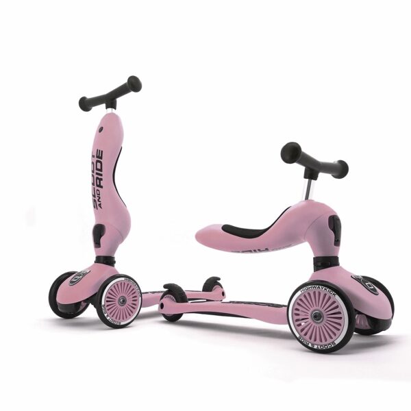 Scoot & Ride Highwaykick 1 – Scooter 2 en 1 con asiento para niños (1 a 5 años) | Balance y diversión segura, rosa