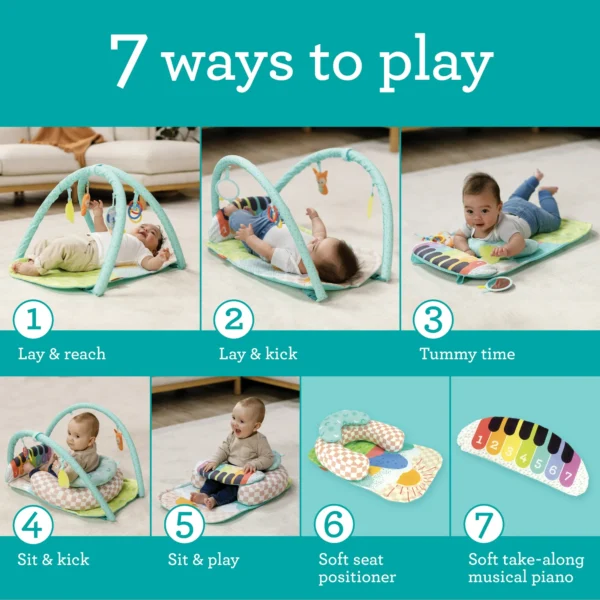 Infantino -Gimnasio Musical para Bebés Kick 'n Keys 7 en 1 con Piano Interactivo y Soporte de Asiento Multicolor