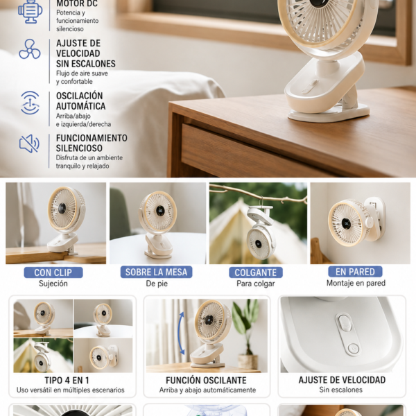 Ventilador Multifuncional 4 en 1 Recargable con Pantalla LED y Clip, perfecto para choches– 10000mAh, beige