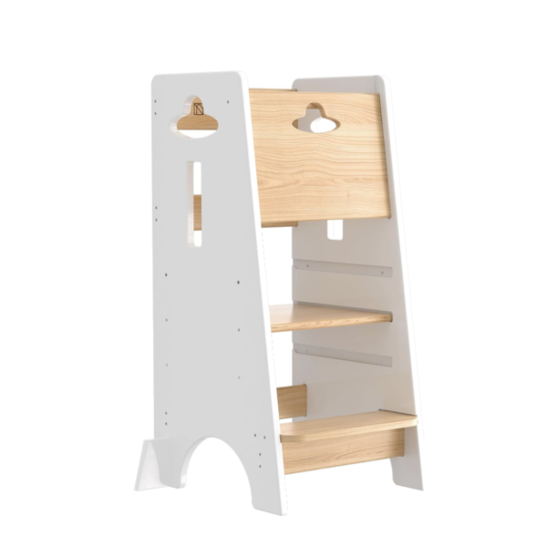 Torre de Aprendizaje Montessori Ajustable de 3 Niveles | Torre de Cocina para Niños con Protección Anticaídas | Madera Natural y Blanca