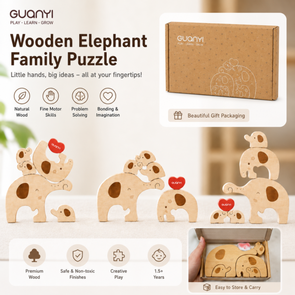 GUANYI- Rompecabezas de Familia de Elefantes de Madera – Juguete Educativo Montessori para Bebés y Niños