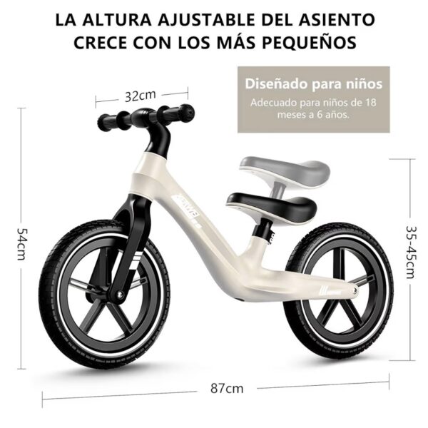 Bicicleta de Equilibrio para Niños de 18 meses A 6 Años con Asiento Ajustable, Bicicleta Sin Pedales Muy Ligera, 12 pulgadas, beige