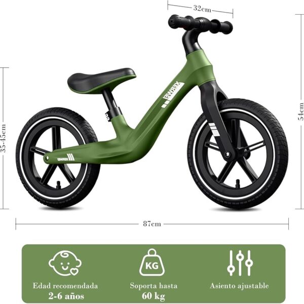 Bicicleta de Equilibrio para Niños de 18 meses A 6 Años con Asiento Ajustable, Bicicleta Sin Pedales Muy Ligera, 12 pulgadas, verde