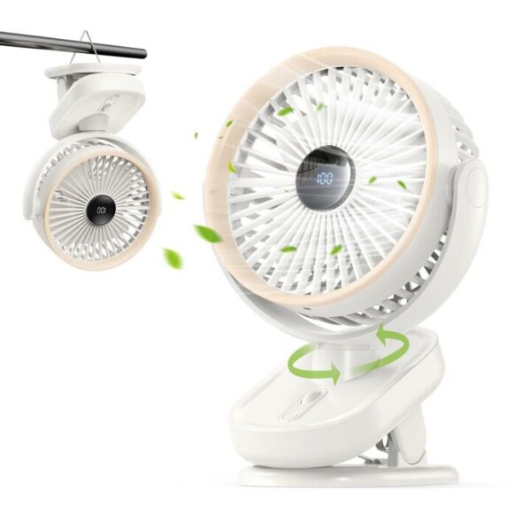 Ventilador Multifuncional 4 en 1 Recargable con Pantalla LED y Clip, perfecto para choches– 10000mAh, beige