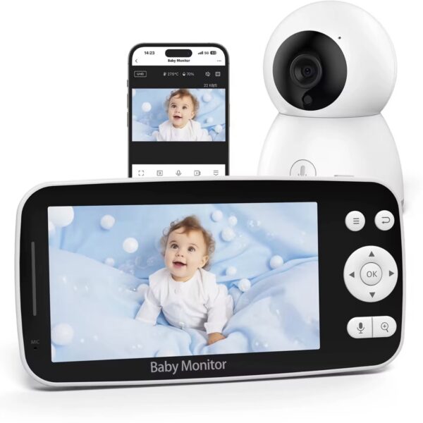 Monitor para Bebé WiFi con Cámara HD y Pantalla Portátil Incluida – Visión Nocturna, App para Celular, Audio Bidireccional, Detección de Movimiento y Llanto, Control Remoto 355°/120° y Monitoreo de Temperatura