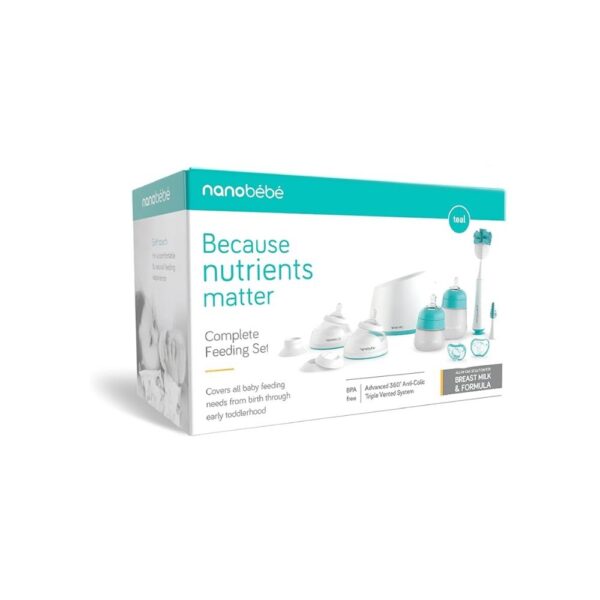 Set Completo de Alimentación Nanobébé para Bebé – Biberones Anticólicos, Chupetes, Cepillo de Limpieza y Accesorios para Lactancia y Fórmula