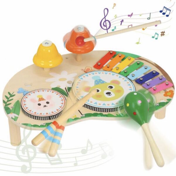 Batería Mesa Musical Infantil de Madera con Xilófono, Tambores, Campanas y Maraca – Juguete Montessori Sensorial para Bebés y Niños