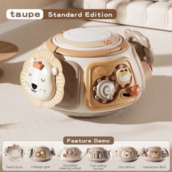 Cubo Sensorial Musical para Bebé 6 en 1 con Tambor, Engranajes, Espejo, Volante, Rodillos y Actividades Interactivas, beige