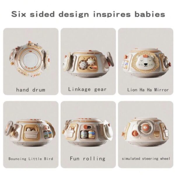 Cubo Sensorial Musical para Bebé 6 en 1 con Tambor, Engranajes, Espejo, Volante, Rodillos y Actividades Interactivas, beige
