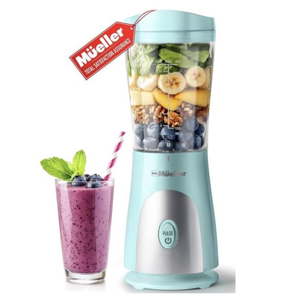 Mueller Batidora de batidos para licuados de frutas, licuadora personal para batidos, bebidas congeladas, comida para bebés y más, taza y tapa de viaje de 15 onzas, cuchillas de acero inoxidable