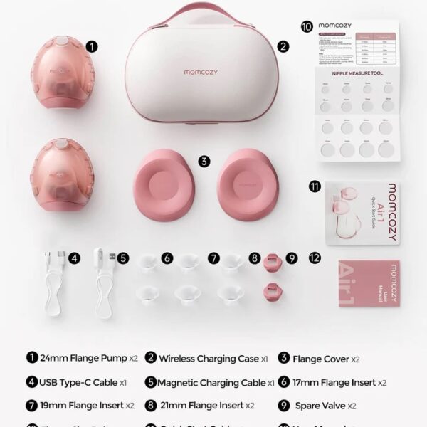 Momcozy Air 1- Sacaleches o extractor portátil de 24mm, incluye bridas 21/19/17 mm, bomba extractora de leche ultradelgada, con estuche de carga inalámbrica y control por aplicación con modo automático y alerta de llenado total, capacidad 180 ml, rojo