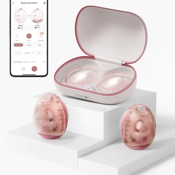 Momcozy Air 1- Sacaleches o extractor portátil de 24mm, incluye bridas 21/19/17 mm, bomba extractora de leche ultradelgada, con estuche de carga inalámbrica y control por aplicación con modo automático y alerta de llenado total, capacidad 180 ml, rojo