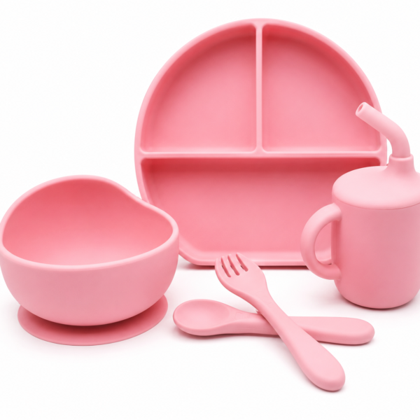 Set de Alimentación de Silicona para Bebé 5 Piezas con Plato Dividido, Tazón con Succión, Vaso con Pajilla y Cubiertos – Color rosado