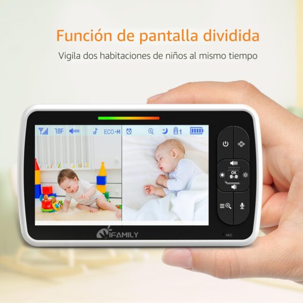 Monitor de Bebé iFamily con Pantalla Dividida de 4.3 Pulgadas, 2 Cámaras con Giro e Inclinación Remota, Audio Bidireccional, Visión Nocturna, Canciones de Cuna y Sensor de Temperatura