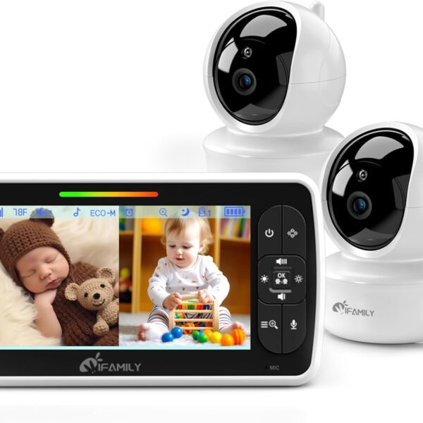 Monitor de Bebé iFamily con Pantalla Dividida de 4.3 Pulgadas, 2 Cámaras con Giro e Inclinación Remota, Audio Bidireccional, Visión Nocturna, Canciones de Cuna y Sensor de Temperatura