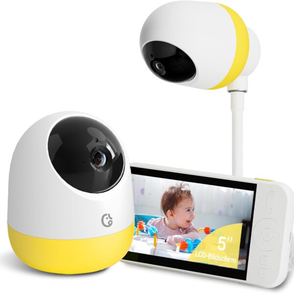 Monitor de Bebé Ellie Pro con Cámara 2K UHD, Pantalla IPS de 5 Pulgadas, Giro e Inclinación Remota 360°, Zoom 5X, Batería de 6000 mAh y Reproducción Continua 24/7