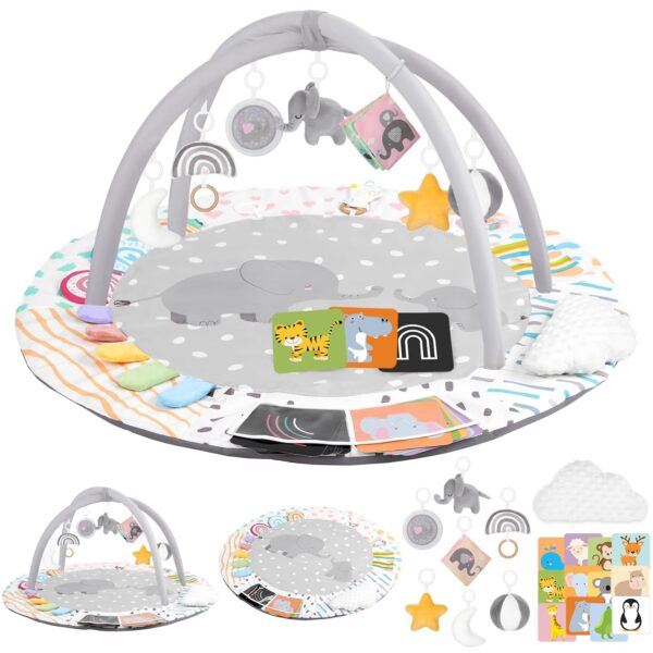 Gimnasio de Actividades para Bebé con 7 Juguetes Desmontables, Almohada de Nube, Tarjetas de Hitos, Tapete Lavable y Desarrollo Sensorial de 0 a 18 Meses – Elefante Gris
