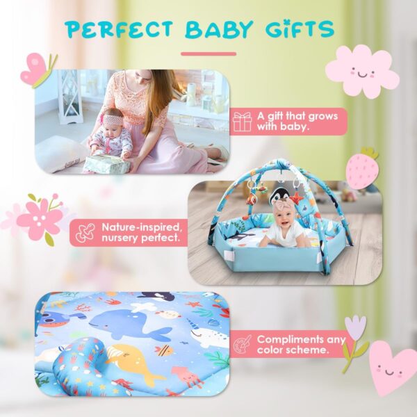 Alfombra de Juego para Bebé con 7 Juguetes Sensoriales Marinos, Almohada para Tiempo Boca Abajo, Espejo y Libro de Tela – Gimnasio de Actividades 0 a 12 Meses
