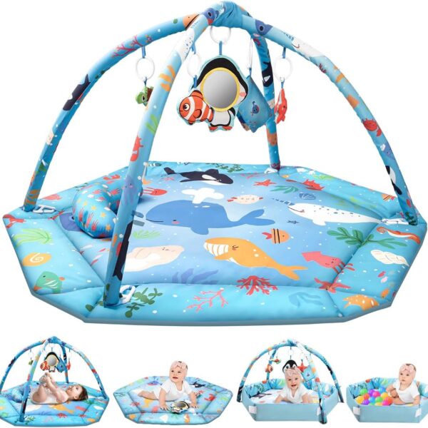 Alfombra de Juego para Bebé con 7 Juguetes Sensoriales Marinos, Almohada para Tiempo Boca Abajo, Espejo y Libro de Tela – Gimnasio de Actividades 0 a 12 Meses