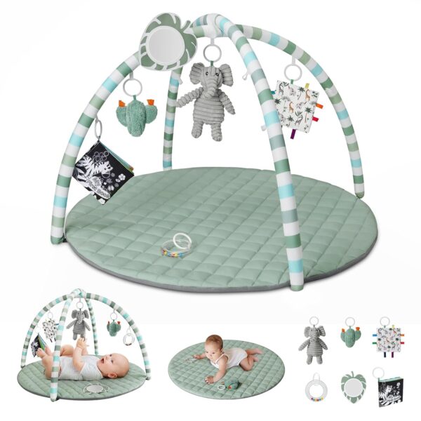 Blissful Diary Manta de Gimnasio para Bebé con 6 Juguetes Desmontables, Tapete de Actividades Lavable, Desarrollo Sensorial Temprano y Diseño Minimalista Verde Salvia