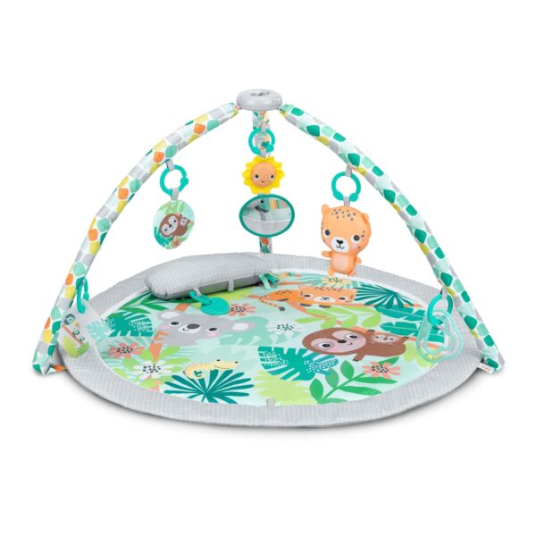 Bright Starts Wild Rainforest FoldAway Activity Gym, Tapete de Juego para Bebé con 7 Juguetes Sensoriales, Barra Plegable, Bolsa de Viaje y Diseño de Selva Tropical