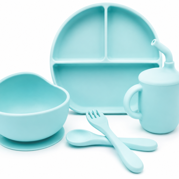 Set de Alimentación de Silicona para Bebé 5 Piezas con Plato Dividido, Tazón con Succión, Vaso con Pajilla y Cubiertos – Color Turquesa