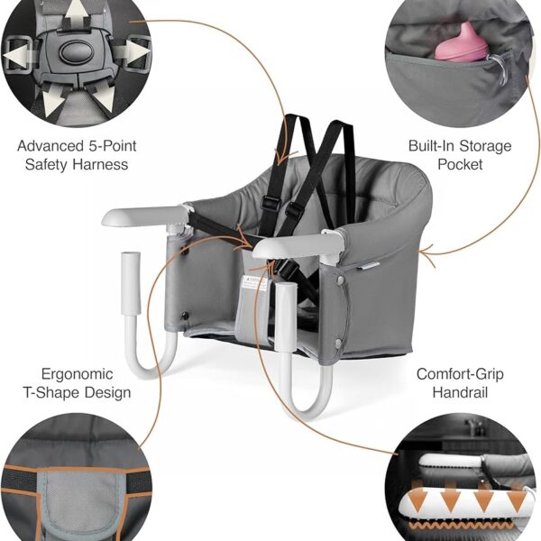 Silla Alta para Bebé Tipo Gancho para Mesa Pivvital Gris | Plegable, Lavable y con Arnés de Seguridad de 5 Puntos, aguanta hasta 15kg