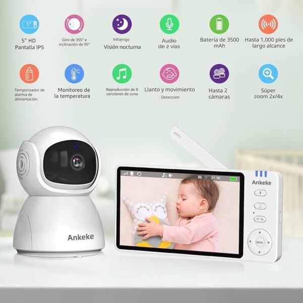 Ankwke - Monitor para Bebé con Cámara y Pantalla IPS HD de 5” | Sin WiFi | Visión Nocturna, Audio Bidireccional y Detección de Movimiento