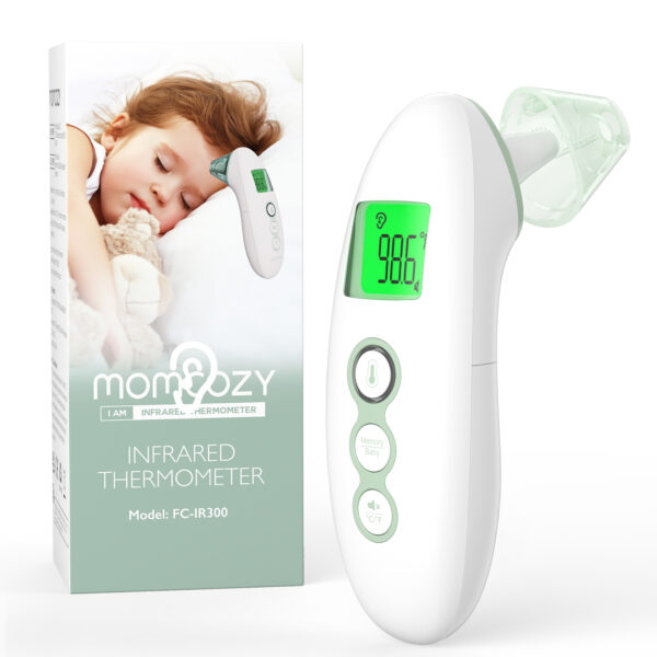 Termómetro de frente y oído Momcozy sin contacto, termómetro digital infrarrojo para adultos y niños, con modo para niños, función de alarma de fiebre, funciones de silencio y memoria, medición rápida