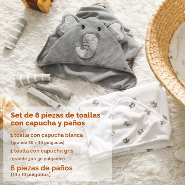 Momcozy Toalla de bebé con capucha de elefante– 8 piezas esenciales de baño, 2 toallas y 6 paños de lavado.