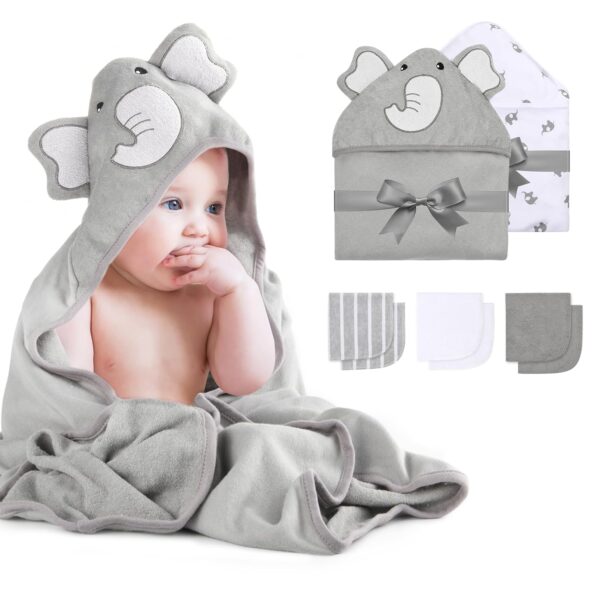 Momcozy Toalla de bebé con capucha de elefante– 8 piezas esenciales de baño, 2 toallas y 6 paños de lavado.