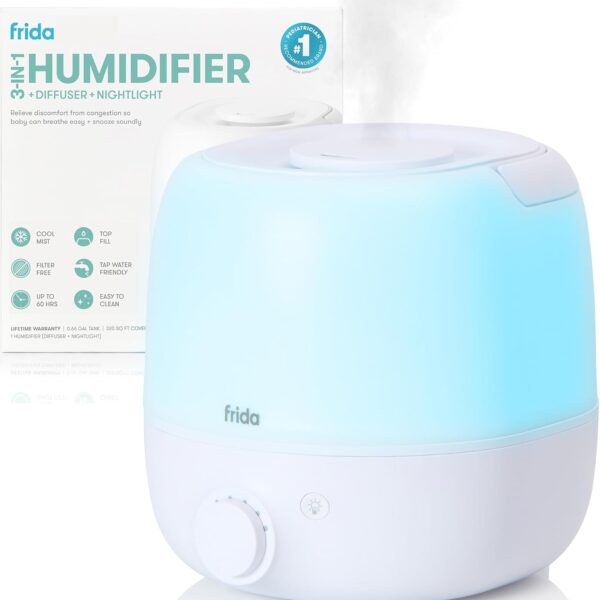Frida Baby Humidificador de Niebla Fría 3 en 1 para Habitaciones Grandes – 60 Horas de Autonomía con Luz Nocturna