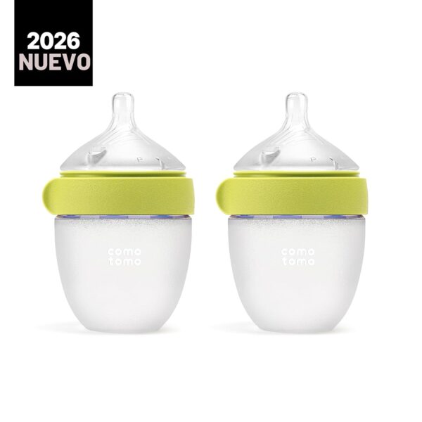 Comotomo Gen 2 Biberón de Silicona Anticólicos 5 oz (150 ml) – Flujo Lento para Recién Nacidos (0-3 meses) – Verde, paquete de 2