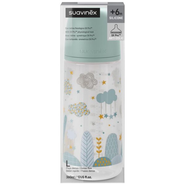 Suavinex Birdies Biberón Anticólico 360 ml | Tetina Fisiológica SX Pro de Silicona Flujo Denso (L) | +6 Meses | Verde