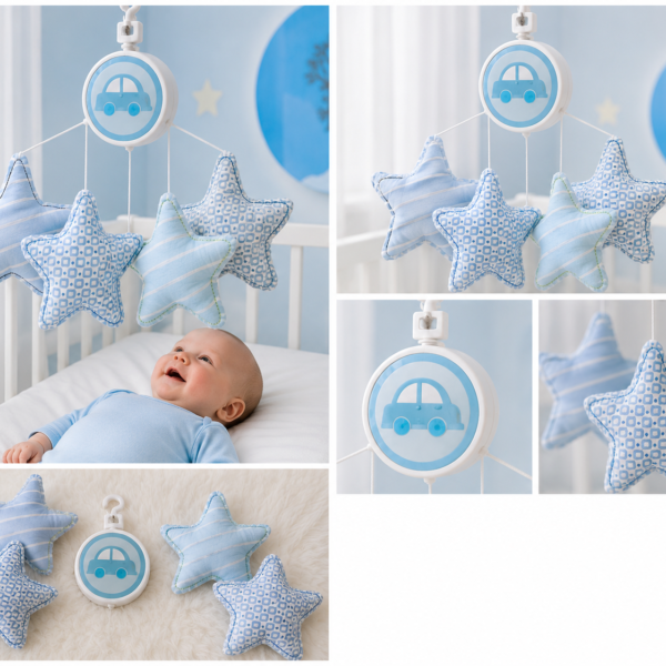 Móvil Musical para Cuna con Estrellas y Coche – Azul