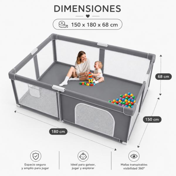 Corralito Plegable para Bebé 150 × 180 × 68 cm | Incluye Colchón, Bolsa de Transporte y Bolas Oceánicas