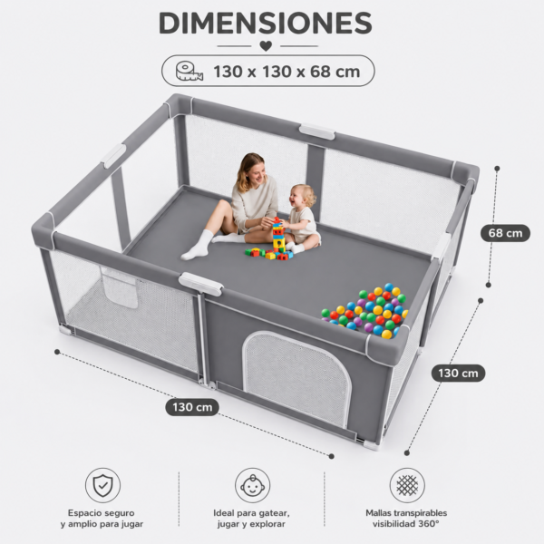 Corralito Plegable para Bebé 130 × 130 × 68 cm | Incluye Colchón, Bolsa de Transporte y Bolas Oceánicas